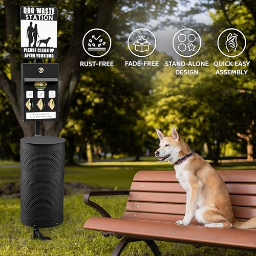 Image of Hands-Free Dog Waste Station Outdoor with Pedal - Dog Waste Disposal System for Park & Trails - Rust Proof Doggie Station - Night Glowing Sign | 800 Pet Waste Bags & 100 Can Liners (Black)