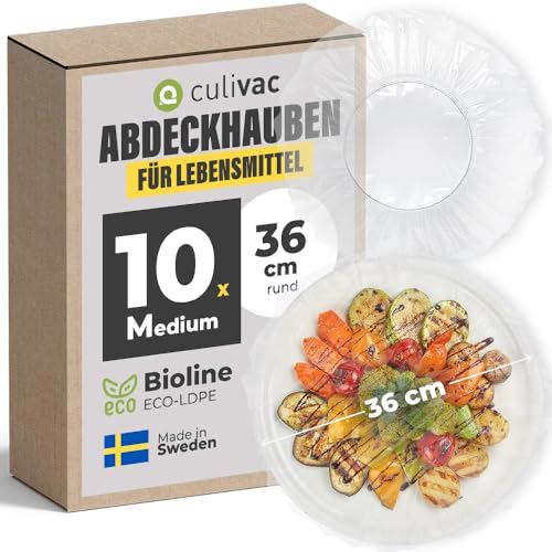 culivac Abdeckhauben für Lebensmittel aus Bioline ECO-LDPE, Gummizug aus Naturkautschuk, Frischhaltefolie für Schüsseln Essen Kuchen Fliegenhaube, Made in Sweden BPA frei, 10 Stück rund 36cm