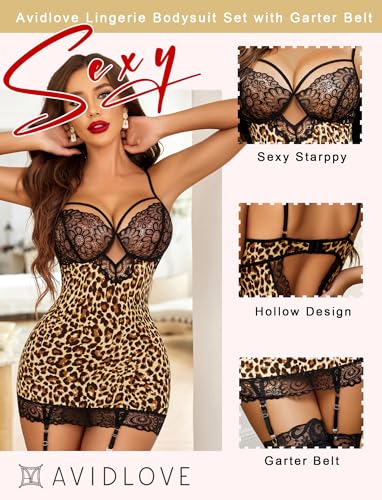 Image of Avidlove Lingerie for Women Teddy Bodysuit with Garter Belt Lace Babydoll Full Slips No Stockings