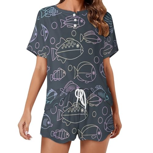 Pyjama court pour femme motif poissons ensemble de nuit léger été