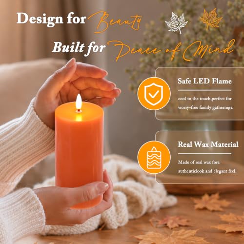 Image of JOIONE Orange Flameless Pillar Candles with Remote, 3 Pack Halloween Decor | Battery Operated LED, Fall Orange Real Wax, Remote Control, Warm Flickering Glow, Safe Halloween Home & Party Decor