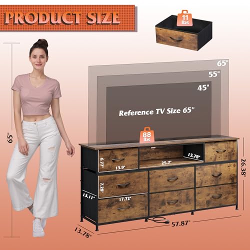 Image of WLIVE LED Dresser TV Stand for 65 Inch TV, 8 Drawers, Rustic Brown