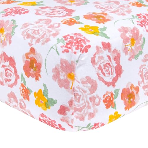 Image of Burt's Bees Baby Print Fitted Crib Sheet Organic Cotton BEESNUG - Pink Rosy Spring Floral Prints, Fits Unisex Standard Bed and Toddler Mattress, Infant Essentials, 52 x 28 Inch 1-Pack