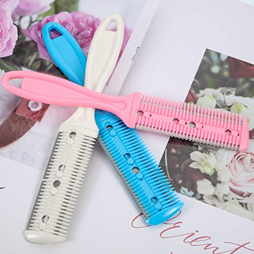 3 Pieces Razor Comb With 10 Pieces Razors, Hair Cutter Comb Cutting Scissors, Double Edge Razor, Hair Thinning Comb Slim Haircuts Cutting Tool (White, Pink, Blue) #TOP5