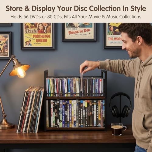 Image of 2-Tier DVD Storage Rack 2 Pack, Holds 112 DVDs (160 CDs), Metal Frame Media Holder with Handles, for Blu Ray, CDs, Video Games, VHS Tapes