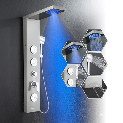 KINKIB Shower Panel Tower System for Bathroom - 5 In 1 Full Body Shower Tower With Led, Rainfall Shower Head With Powerful Body Jets, Handheld Shower and Tub Spout, Brushed Finish