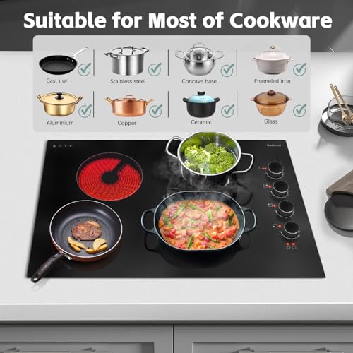 Image of Karinear 30 Inch Electric Cooktop 4 Burners, Knob Control Ceramic Cooktop | 30 inch Radiant Electric Stove Top, Glass Protection Metal Frame,Hot Surface Indicator, 220-240V, HardWire, No Plug, Black Knob