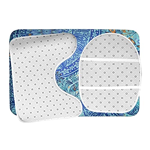 MBNGGAB Badematte + Konturmatte + Toilettendeckelbezug, Retro Blau Blumen 3 Stück Badematte Set, mit rutschfester Klebeunterseite – Bild 7