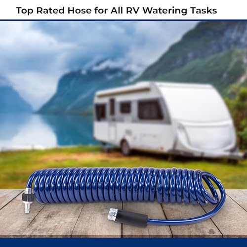 Image of SpringHose RV Water Hose 3 /8 in by 25-Foot Polyurethane Safe RV Drinking Water Hose - Premium and Lightweight Coiled Hose with Quick-Connect Male Adapter Plug and Nozzle, Made in Canada, Blue