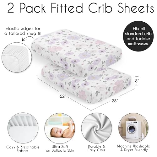 Image of Sweet Jojo Designs 2-Piece Baby Crib Sheets Set (Purple /Grey Boho Floral) for Girls, Infant Nursery, Toddler Room - Standard Size (Lavender, Bohemian Flower, Rose, Farmhouse, Garden, Shabby Chic Pink)
