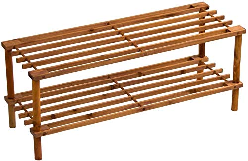HOMION Shoe Rack Slatted Wooden Footwear Storage Stand Organiser Pine Shelf Unit DVD Books Shoes (Walnut, 2 Tier)