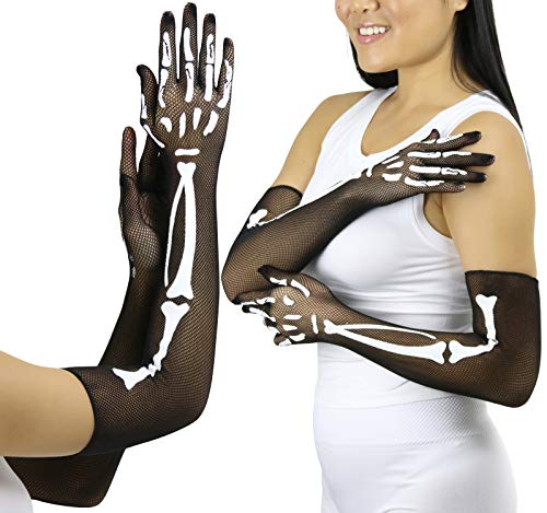 ToBeInStyle Womens Halloween Skeleton Bones Fishnet Over Elbow Gloves - BLACK/WHITE - OSR
