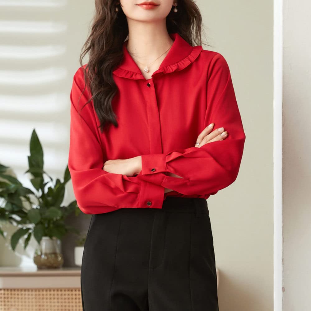 Langarmshirts Für Damen,Damen Puppenkragen Rüschen Shirt Rot Einfarbig Elegante Alltags Freizeit Bluse Langarm Button Down Blusen Lässige Tunika Tops