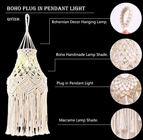 Qiyizm Boho Plug In Pendant Light Hanging Lights With Plug In Cord，Hanging Lamp With Handmade Macrame Lamp Shade And Hemp Rope Plug In Chandelier Light For Boho Bohemian Decor Bedroom Living Room #TOP3