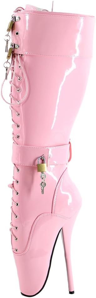 WONDERHEEL7" Stiletto Heel Knee High Ballet Shoes Pink Shiny Sexy Fetish Lace up Padlocks Ballet Boots