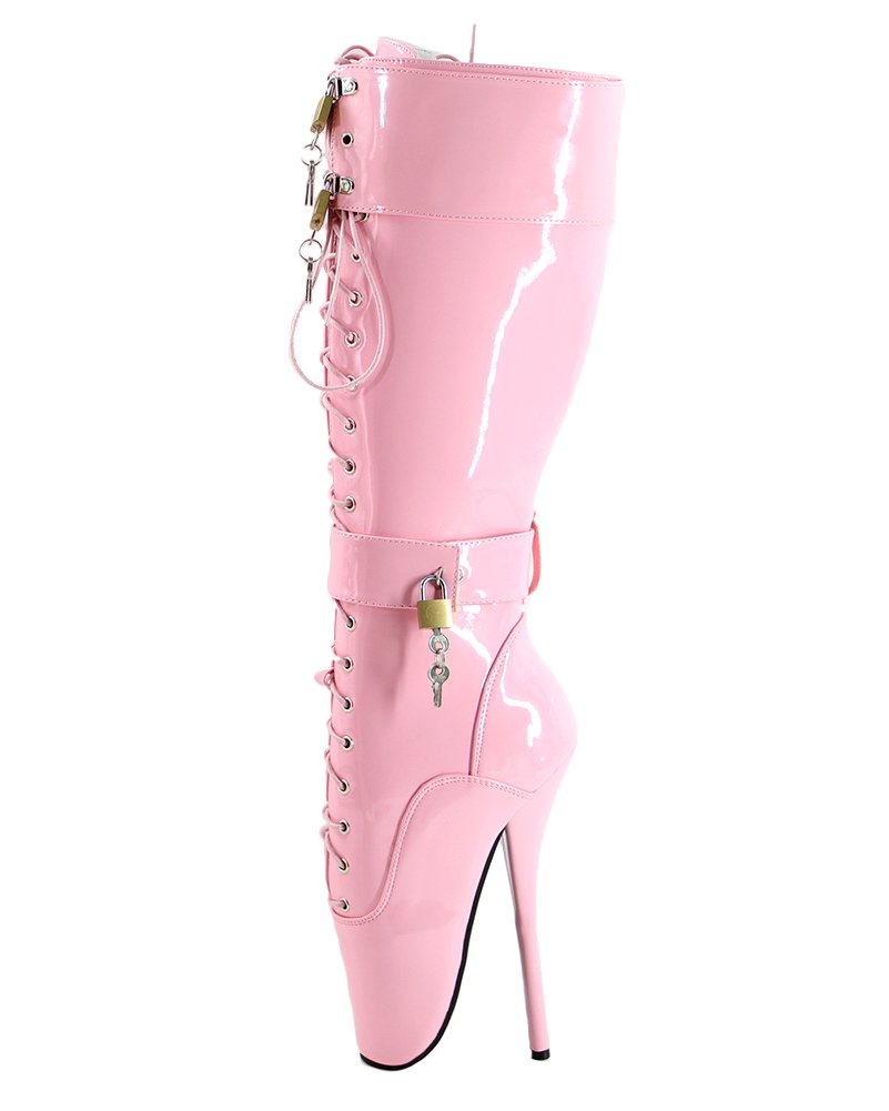 WONDERHEEL7" Stiletto Heel Knee High Ballet Shoes Pink Shiny Sexy Fetish Lace up Padlocks Ballet Boots