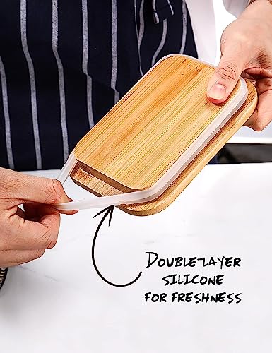 Image of Ceramic Butter Dish with Wooden Lid & Stainless Steel Knife, Airtight Butter Keeper for Counter or Fridge, Double Silicone