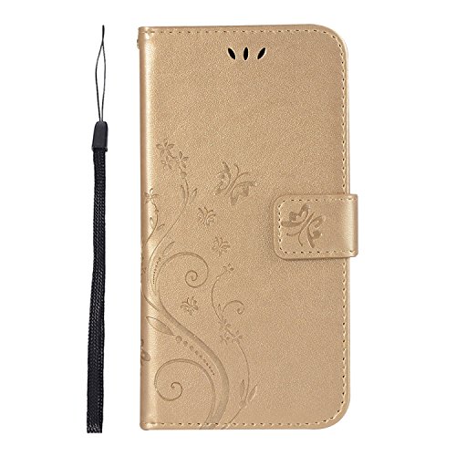 Alfort Funda Samsung J6 2018, Samsung J6 2018 Case, 3 en 1 Multifunción Funda Samsung J6 2018 Carcasa Mariposa Cuero Premium Ultra Fina Cartera Magnética con Soporte de la Tarjeta de Pantalla (Oro)