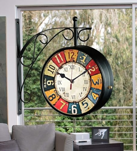 Antique Victoria Station Double Sided Railway Black Powder Coated Functional Clock for Home and Office Decor | Coated for Clasy and Vintage Look | 8 Inch with Wall Mount Antique-Look Brown