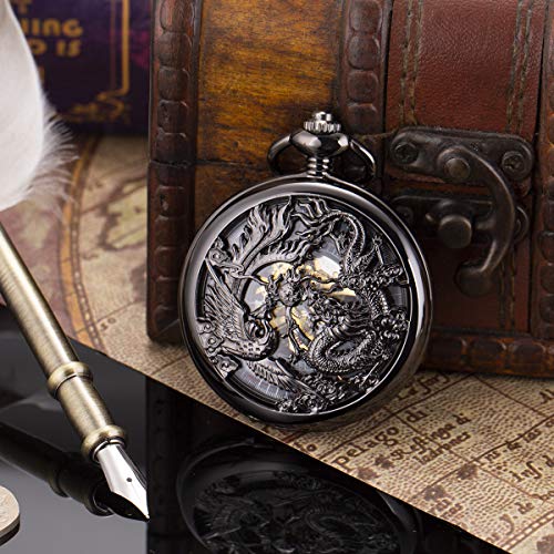 Manchda Mens Antique Mechanical Engraved Pocket Watch Lucky Dragon & Phoenix Retro Skeleton Dial With Chain + Gift Box Personalized Gift For Father Husband Dad Groomsman Best Man #TOP3