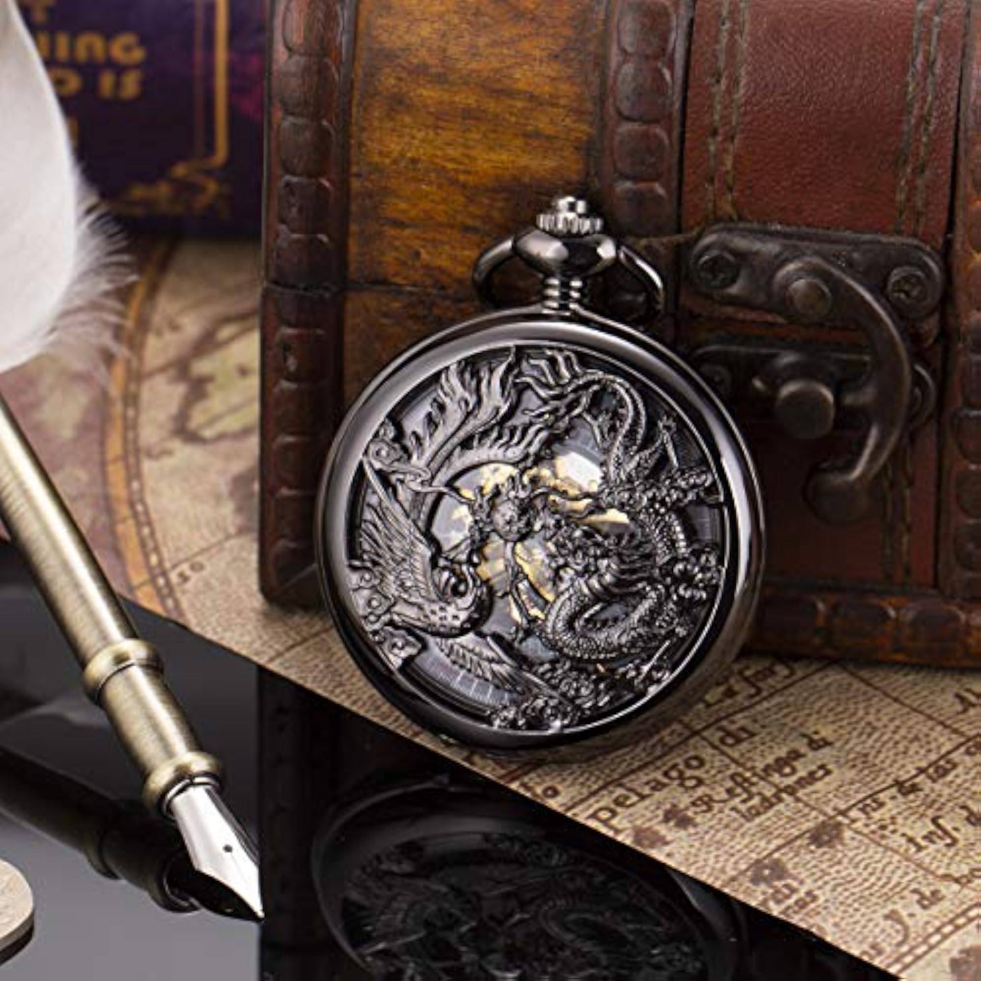 Mechanical Dragon and Phoenix Pocket Watch with Chain, Unisex