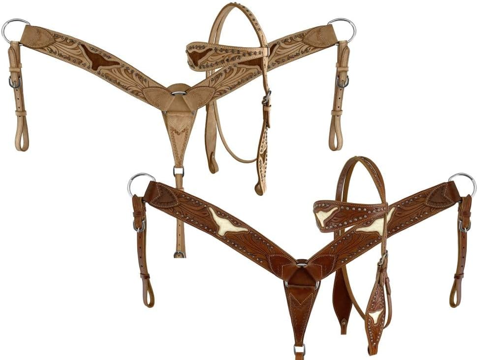 Showman Tooled Leather Headstall & Breast Collar w/Cut Out Steer Heads & Cowhide