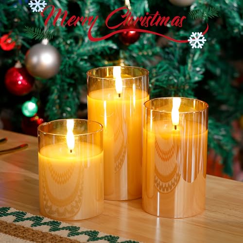 Image of LUSHARBOR LUSHABOR Flameless Candles with Remote, 3 Pack Glass Battery Operated Candles with Timer, Real Wax Glass LED Candles Flickering Wedding Home Party Christmas D3 H4 5 inch 6 inch Gold
