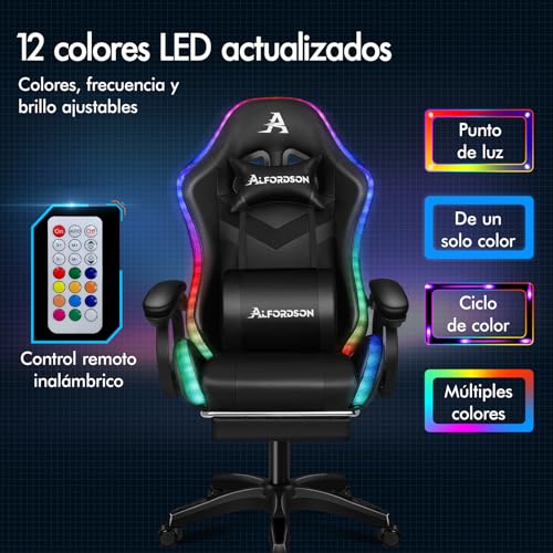 ALFORDSON Silla Gaming con RGB LED de 12 Colores y Masaje de 8 Puntos, Silla Gamer con Reposapiés, Reposacabeza y Cojín Lumbar, Silla Escritorio de Oficina Ergonomica, Piel PU, Negro - imagen 4