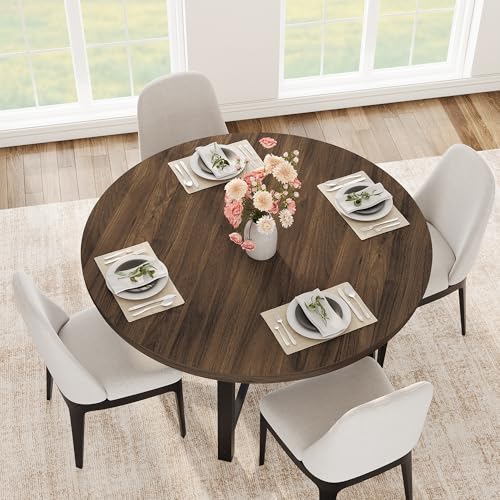 Image of IDEALHOUSE 47 inch Round Dining Table for 4, Kitchen Dining Room Table with Sturdy Metal Frame, Wood Circle Kitchen Table for Space Saving -Brown (No Chairs)