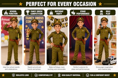 Image of SCRIPTURE Fancy Dress Patriotic Army Police BSF Netaji costumes for Kids Fancy Dress Costume Accessory for Republic Day Independence Day School Events