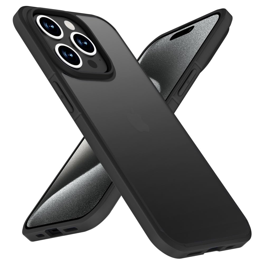 X-levelShockproof Compatible iPhone 15 Pro Case [Military Grade Drop Protection] Frosted Translucent Thin Anti-Drop Hard PC Back with Soft Silicone Edge Slim Protective Cover-Black