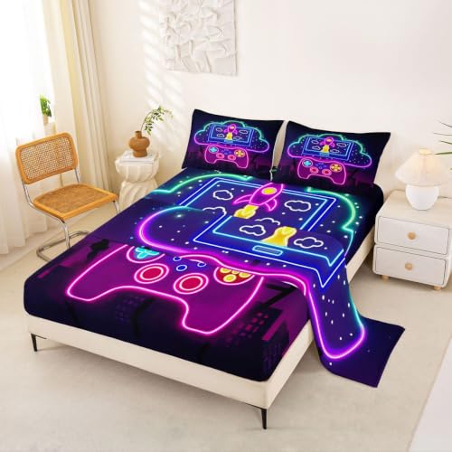 Erosebridal Gaming Bed Sheets Queen Purple Gamepad Sheets for Kids Boys