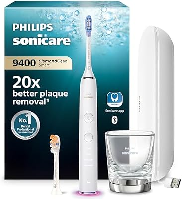 Philips Sonicare DiamondClean Smart 9400, cepillo dental eléctrico, con aplicación, sensor de presión, detección de cabezal de cepillado, blanco, modelo HX9917/88, Blanco, 2 Cabezales