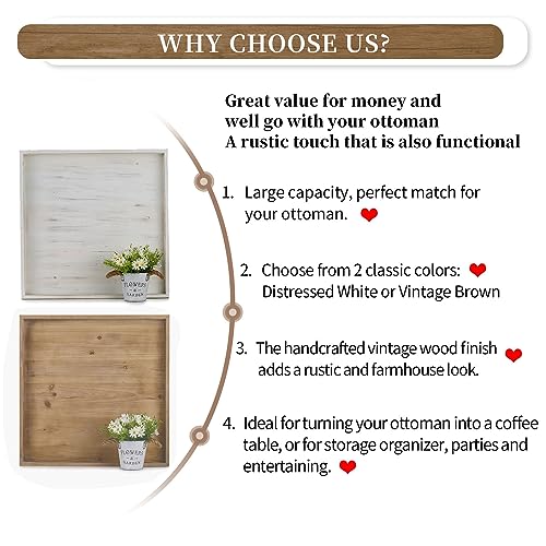 Hanobe Square Large Ottoman Tray: Extra Large Wooden Serving Trays - Rustic Decorative Tray for Ottoman Coffee Table with Handles for Living Room Brown - Image 7