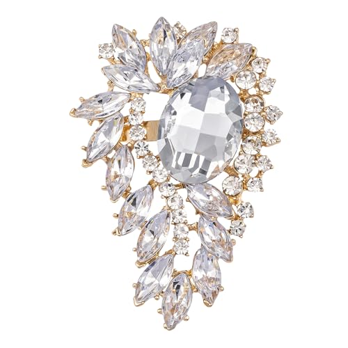 Image of SELOVO Leaf Flower Green Rhinestone Crystal Brooch Pin Accessory Gold Tone