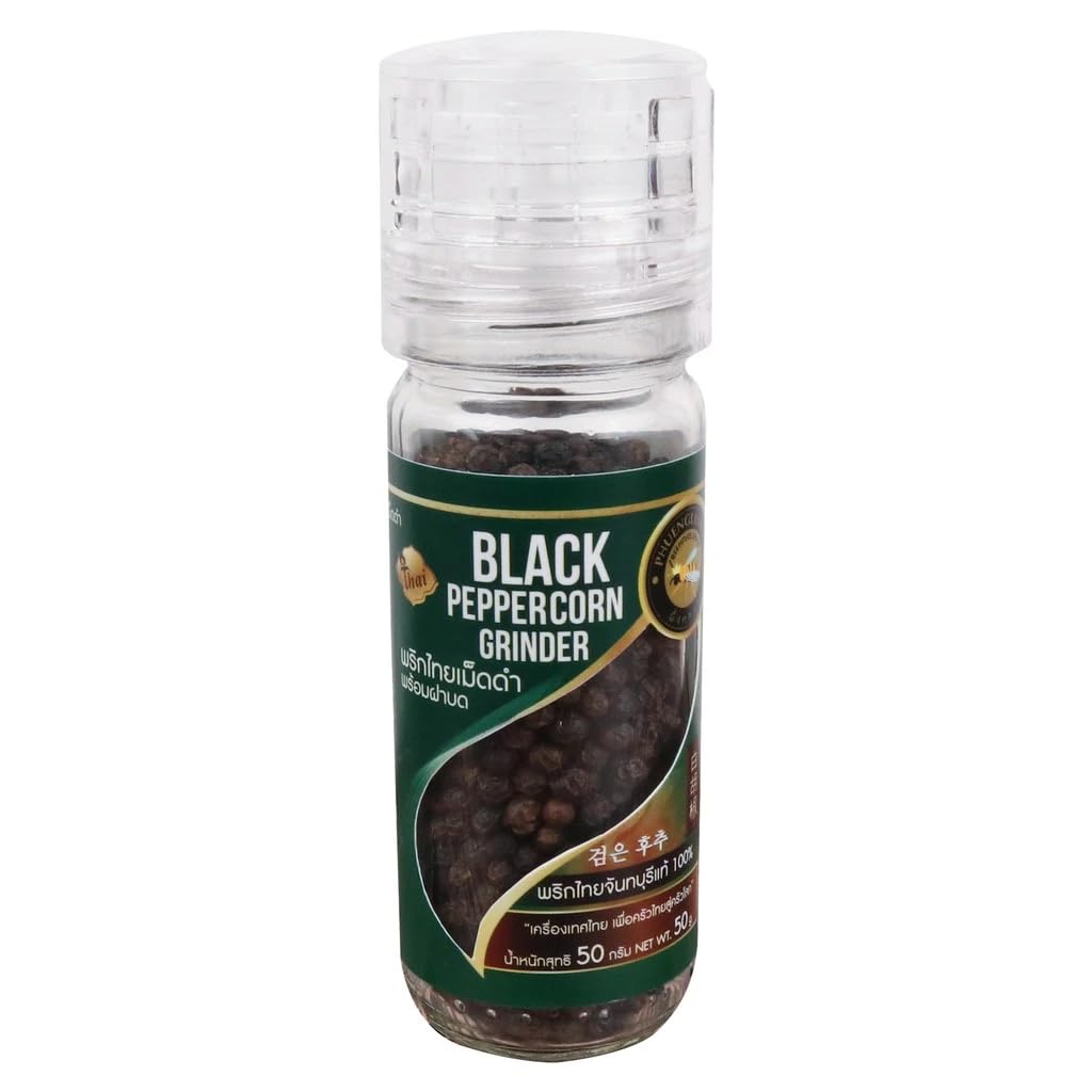 (Pack of 2) ผึ้งหลวง Whole Black Peppercorns with Built-in Grinder – Adjustable Ceramic Mill Bottle – Bold Aromatic Spice for Cooking and Grilling 50g