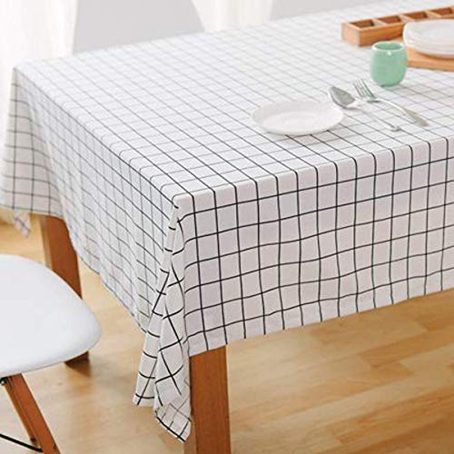 Bringsine Fashion Classic Rectangular Cotton Linen White Check Washable Tablecloth Vintage Dinner Picnic Table Cloth Cover Home Decoration(Oblong, 55 x 87 Inch)