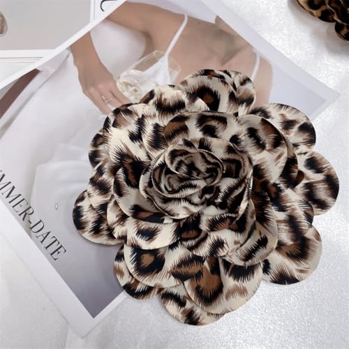 Image of Dainty Fabric Leopard Rose Flower Large Brooch Lapel Pins Handmade Big Flower Brooches Pin Classic for Women Wedding Party Dance Banquet Dress Suit Clothes Accessories Jewelry Gifts 190mm