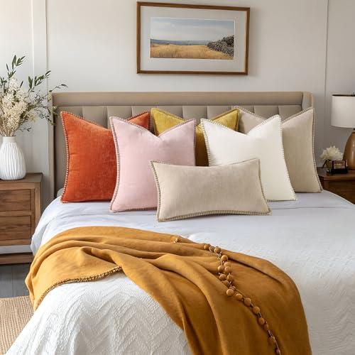Image of decorUhome Fall Chenille Soft Cozy Throw Pillow Covers 12x12 Set of 2, Modern Farmhouse Boho Velvet Decorative Pillow Cases with Stitched Edge for Couch Sofa Bed Home Decor, Beige