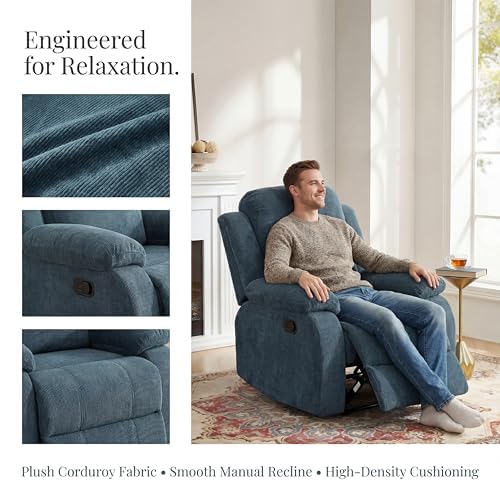 Image of Oversized Corduroy Recliner Chair, Manual Lazy Boy Recliner with Home Theater Seating, Breathable Living Room Reclining Chair for Adults Reading, Gaming, Relax, Light Blue