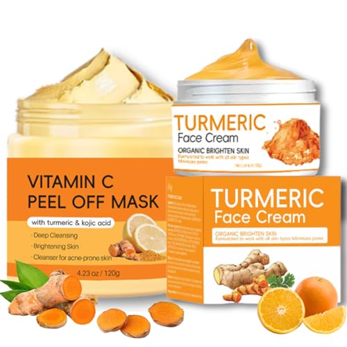 2PCS Turmeric Face Cream & Clay Mask Set for Face, Turmeric Skincare Set for Glowing Skin, Best Vitamin C Peel Off Face Mask for Blackhead Removal, Anti-Aging, Hydrating & Soothing