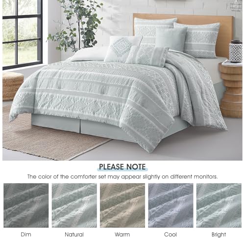 Image of LANCO MODERN LIFESTYLE 7 Piece King Comforter Set, Dusty Green, Elegant Jacquard with Patchwork, Stylish and Cozy Bedding Collection, Premium Bedding Set with Bedskirt, Shams and Pillows