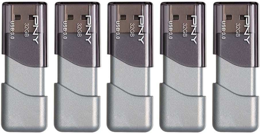 PNY 32GB Turbo Attache 3 USB 3.0 Flash Drive, Grey (Pack of 5)