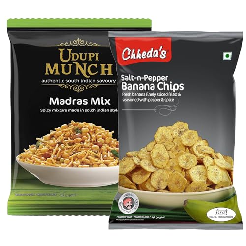 Image of Chheda's - Salt N Pepper Banana Chips (350 Gm) and Udupi Munch Madras Mix (300 Gm) | Banana Wafers | Indian Namkeen | Tasty Snacks | Ready to Eat - Combo Pack