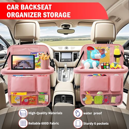 Image of 2Pack Car Backseat Organizer with Foldable Table Tray,6 Storage Pockets Car Storage Organizer with Tablet Holder,Car Seat Back Protectors Kick Mats Travel Accessories (Pink)