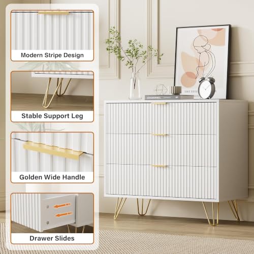 Image of Furniway White Dresser for Bedroom, 3 Drawer Dresser with Gold Pulls, Fluted Modern Chest of Drawers Storage Cabinet, 31.5 inch W x 15.7 inch D x 29.5 inch H