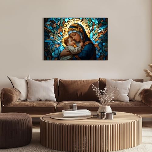 Image of Vintage Christian Canvas Wall Art Virgin Mary Embrace with Sleeping Infant Jesus Paintings Wall Decor Modern Aesthetics Posters Religious Framed Artwork for Nursery Room Bedroom Home Decoration 24x36 inch