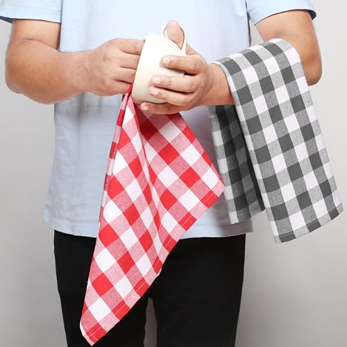 Image of Gingham Buffalo Check Kitchen Towels, 4 Pack, 16x26 Inches, 100% Cotton - Super Absorbent, Quick Drying, Hand Towels for Drying Dishes, Dish Cleaning Towels with Hanging Loop, Multi