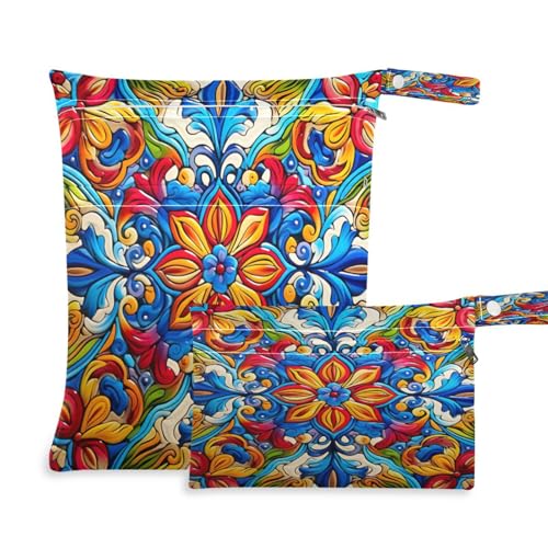ATTX Mexican Ceramic Tile Wet Dry Bags 2-Pack - Reusable Cloth Diaper Storage for Travel, Beach & Gym | Multi-Use Waterproof Bags for Swimsuits, Baby Clothes, Sports Gear#328