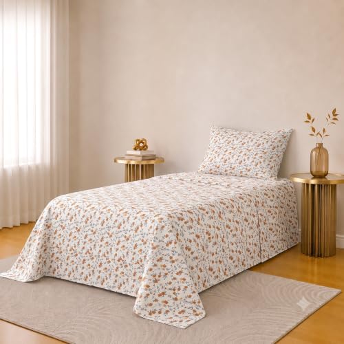 Image of IVAZA 220 TC Soft Ezyption Cotton Floral Single Bed Sheet - Single bedsheet with 1 Pillow Cover Hypoallergenic, Brethable, (Size- 90 x 60 Inch Brown & White